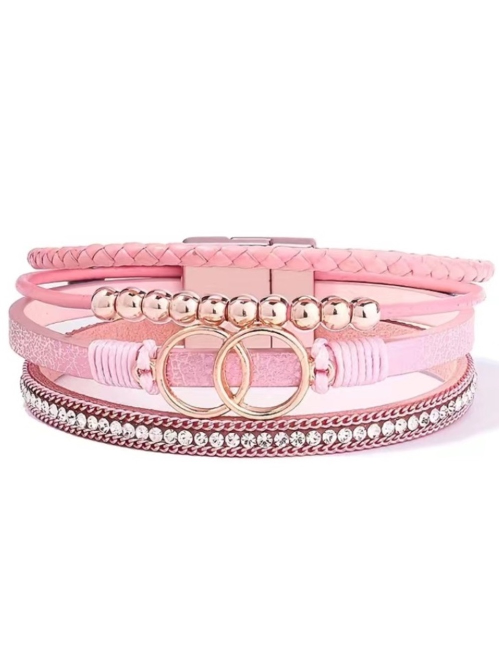 Pink Leather Multi Layer Circle Crystal Magnetic Bracelet